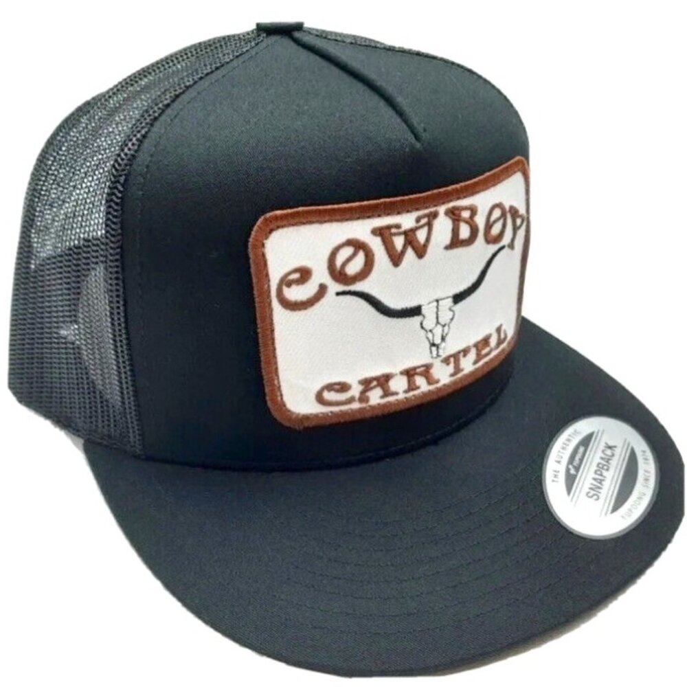 Cowboy Cartel Flat Bill Mesh Snapback Trucker Hat Cap Black Embroidered Patch